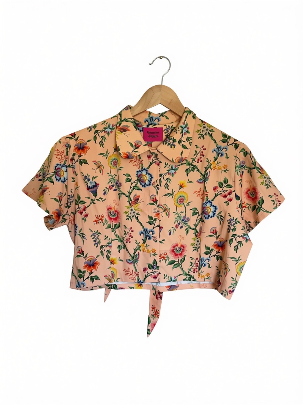 NWT Samantha Pleet Peach Floral Tie-Front Crop Top